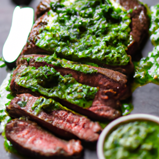 Tender steak topped with vibrant green chimichurri sauce