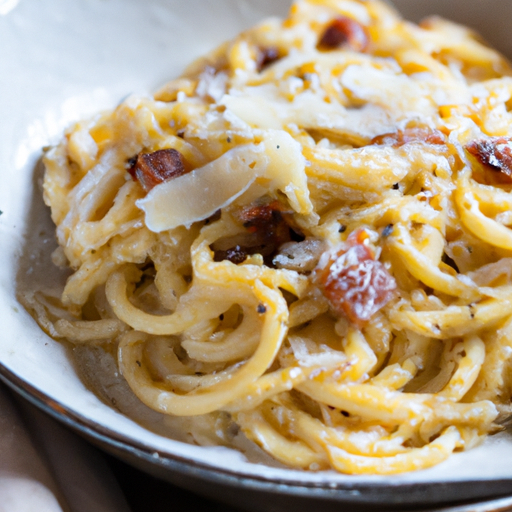 Creamy spaghetti carbonara with crispy pancetta and grated Parmesan cheese