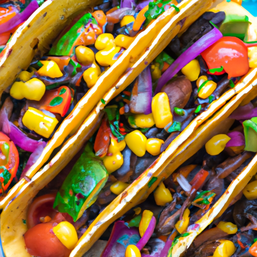 Colorful vegetarian tacos filled with black beans, corn, and avocado